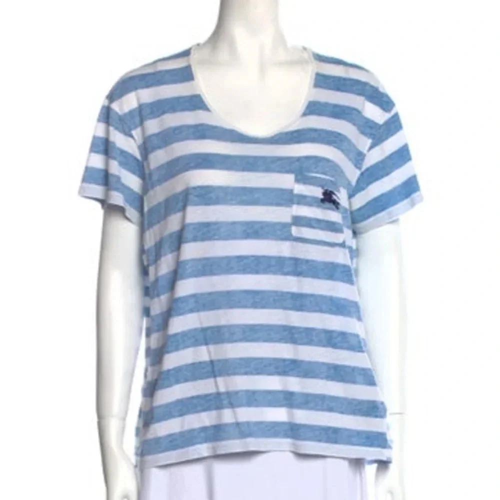 Burberry Blue and White Striped Pocket Short Sleeve Tee